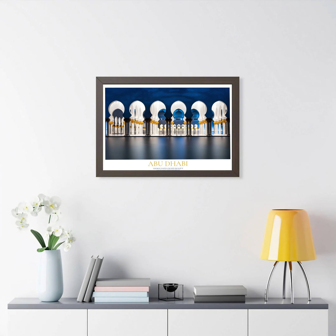 Nighttime perspective print of Sheikh Zayed Grand Mosque reflection pool in Abu Dhabi Emirates. Created by MapYourDreams, this artwork can be purchased in flexible finishes like unframed matte poster paper, custom framed wood, and gallery canvas wraps tailored to your interior design.