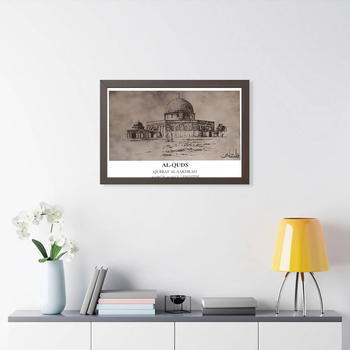 Elegant Al Quds Mosque vintage sketch illustration with detailed cross hatching and authentic Arabic lettering in Palestine. Created by MapYourDreams, this artwork is available in flexible options including unframed paper, custom wooden frames, and gallery canvas wraps for bedroom wall art.