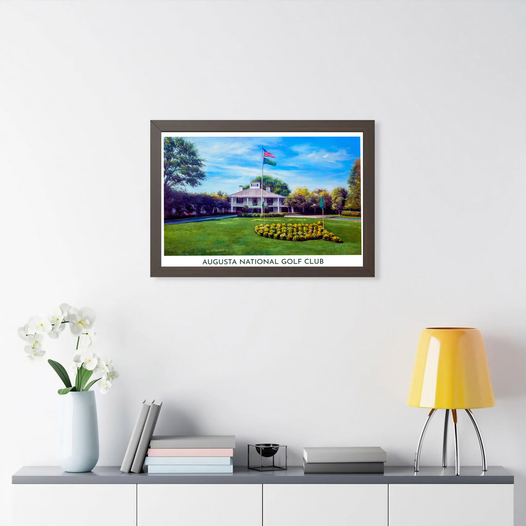 A beautiful impressionistic golf clubhouse wall art piece depicting the historic white architecture at Augusta National framed by lush trees and manicured turf. Offered by MapYourDreams, this artwork is available in flexible options including unframed paper, custom wooden frames, and gallery canvas wraps for tailored home wall decor setups.