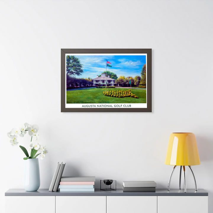 A beautiful impressionistic golf clubhouse wall art piece depicting the historic white architecture at Augusta National framed by lush trees and manicured turf. Offered by MapYourDreams, this artwork is available in flexible options including unframed paper, custom wooden frames, and gallery canvas wraps for tailored home wall decor setups.