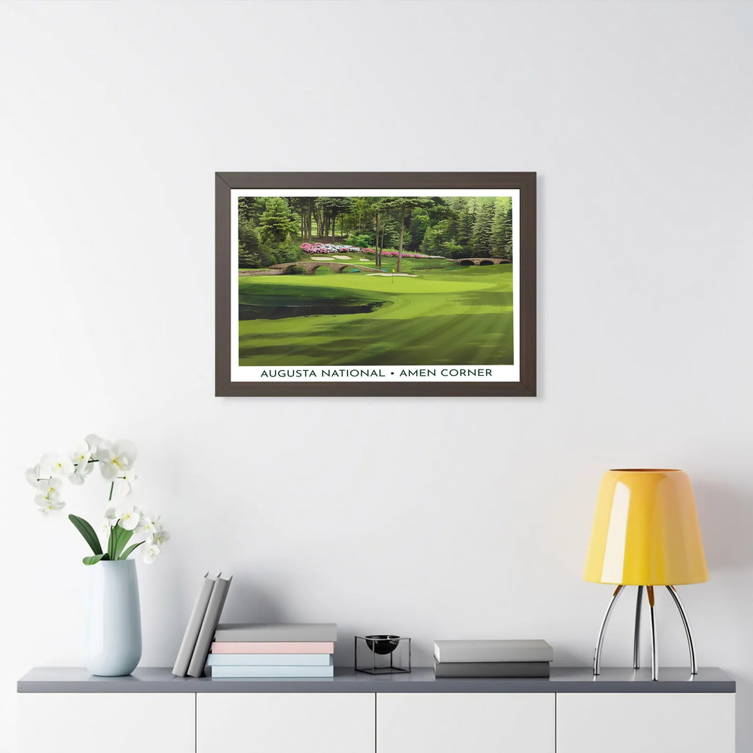 Scenic Amen Corner Hole 12 photo print showcasing the lush green putting surface, yellow pin flag, and vibrant pink azalea hillside at Augusta Georgia. Offered by MapYourDreams, this artwork is available in flexible options including unframed paper, custom wooden frames, and gallery canvas wraps for tailored home wall decor setups.