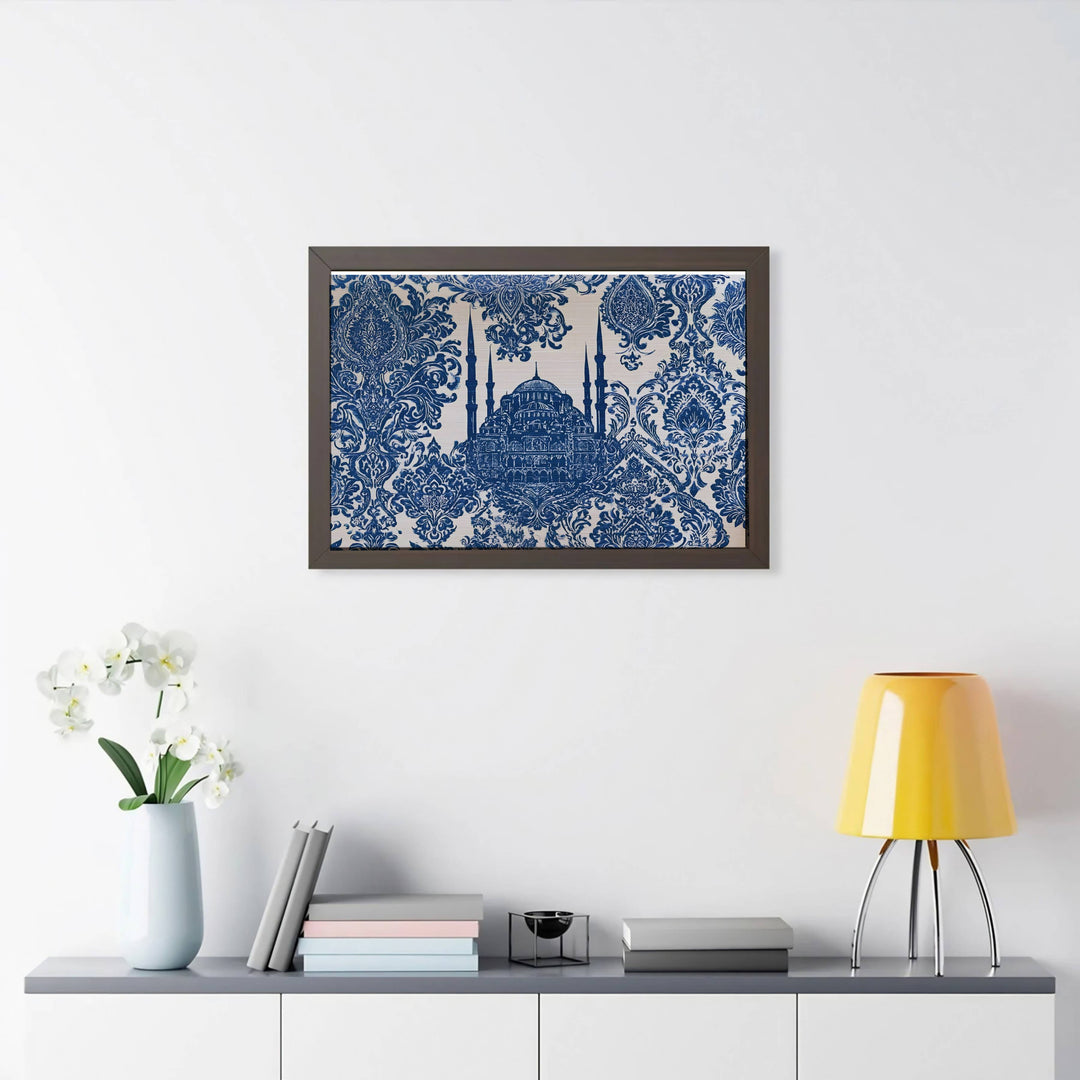 Turkish Iznik ceramic tile inspired art print with central Blue Mosque architecture and damask scrollwork. Designed by MapYourDreams, this artwork is available in flexible options including unframed paper, custom wooden frames, and gallery canvas wraps for home wall art.