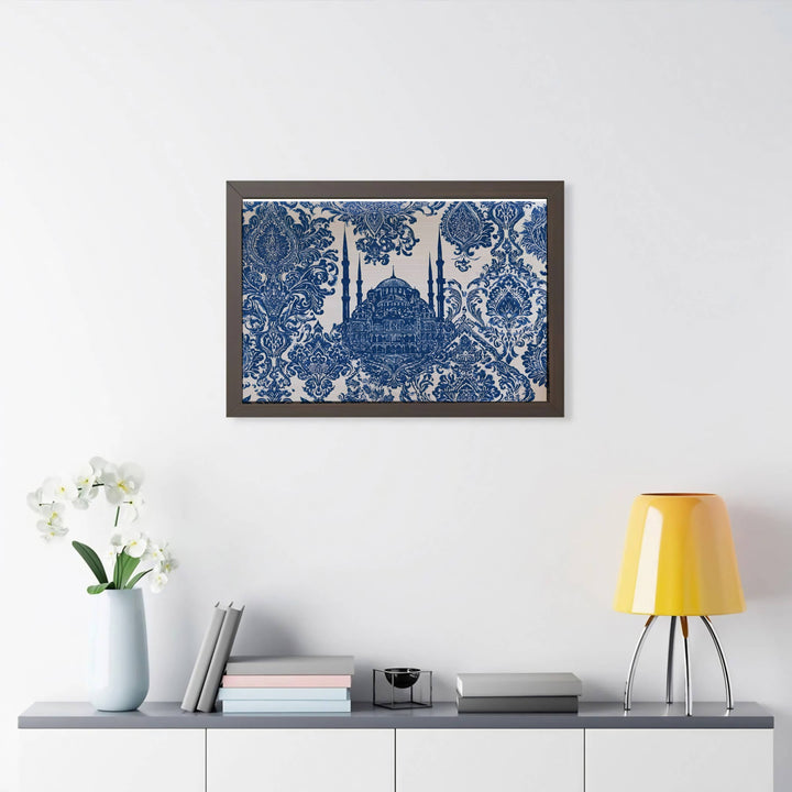 Turkish Iznik ceramic tile inspired art print with central Blue Mosque architecture and damask scrollwork. Designed by MapYourDreams, this artwork is available in flexible options including unframed paper, custom wooden frames, and gallery canvas wraps for home wall art.