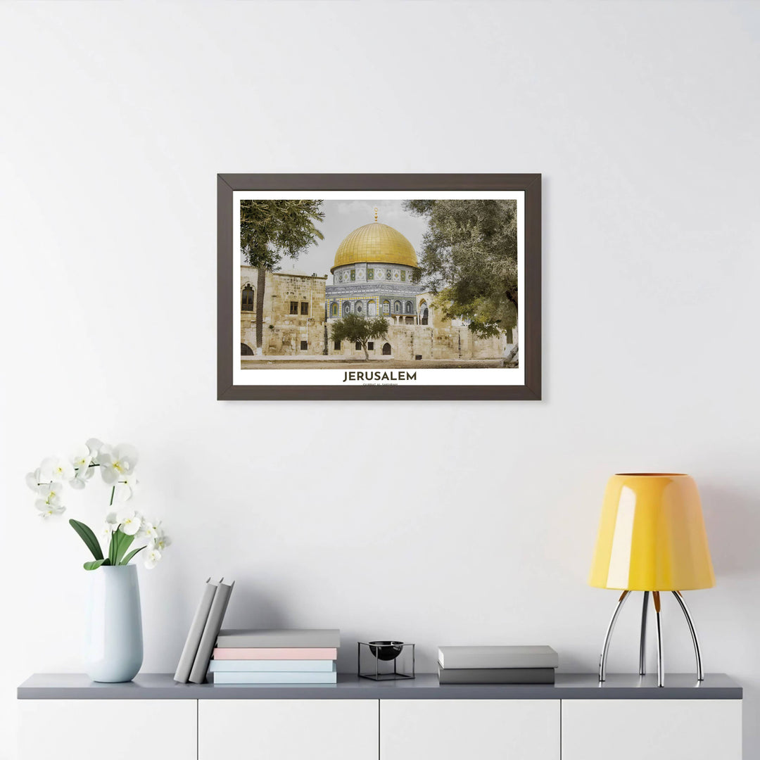 Natural landscape photography poster depicting Jerusalem Dome of the Rock with ancient limestone ramparts and trees. Produced by MapYourDreams, this artwork is available in flexible options including unframed paper, custom wooden frames, and gallery canvas wraps for office wall decor.