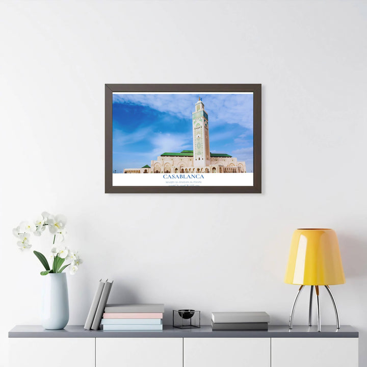 Classical Moroccan architecture photography poster featuring Hassan II Mosque in Casablanca with Atlantic coastal lighting. Supplied by MapYourDreams, this artwork is available in flexible options including unframed paper, custom wooden frames, and gallery canvas wraps for stylish decor.