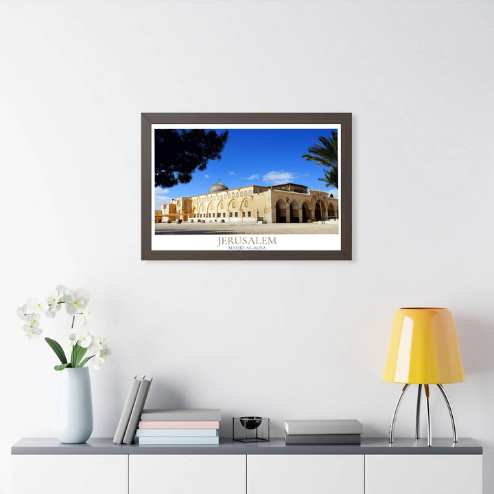 Fine art travel poster depicting Al Aqsa Mosque in Al Quds Palestine with stone courtyard plaza and blue sky background. Produced by MapYourDreams, this artwork is available in flexible options including unframed paper, custom wooden frames, and gallery canvas wraps for office wall decor.