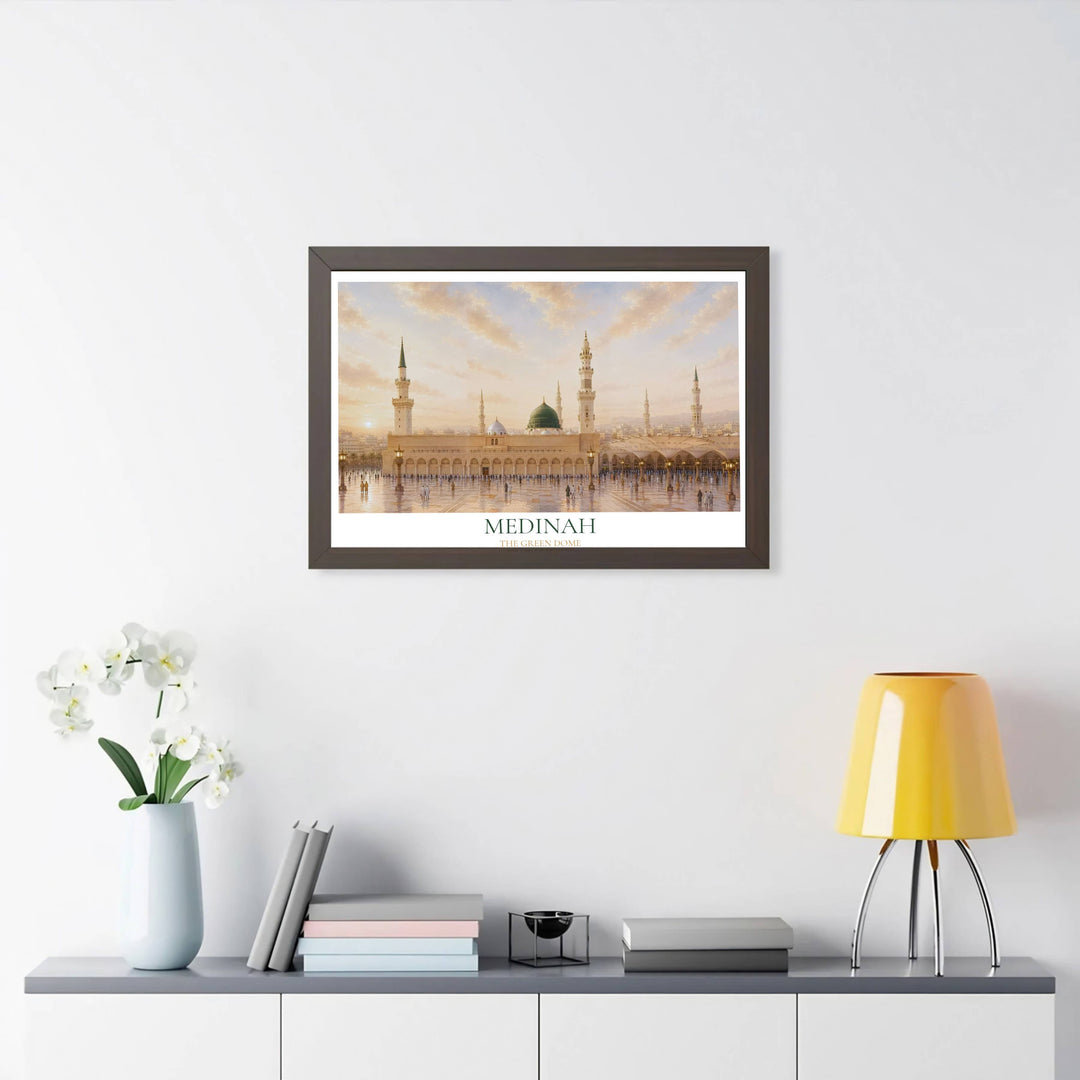 Panoramic travel wall art print of the Prophet Mosque in Madinah Saudi Arabia with warm golden sunrise light washing over marble floors. Designed by MapYourDreams, this artwork is available in flexible options including unframed paper, custom wooden frames, and gallery canvas wraps for home wall art.