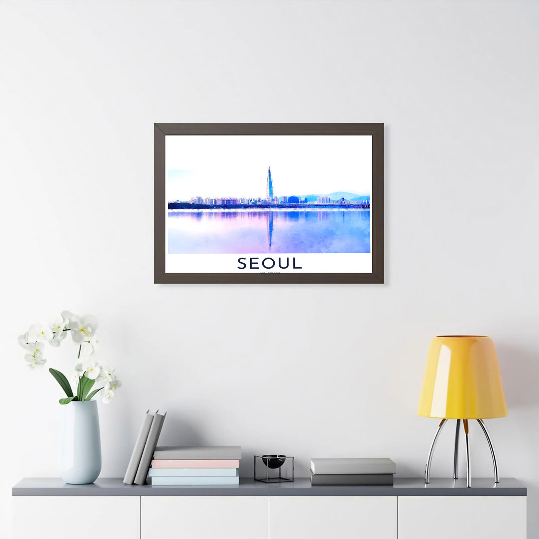 Ethereal blue and lavender reflection art print featuring the modern Seoul South Korea skyline along the water, offered by MapYourDreams with versatile choices such as unframed archival paper, sleek picture frames, and stretched canvas options designed to complement contemporary home decor.