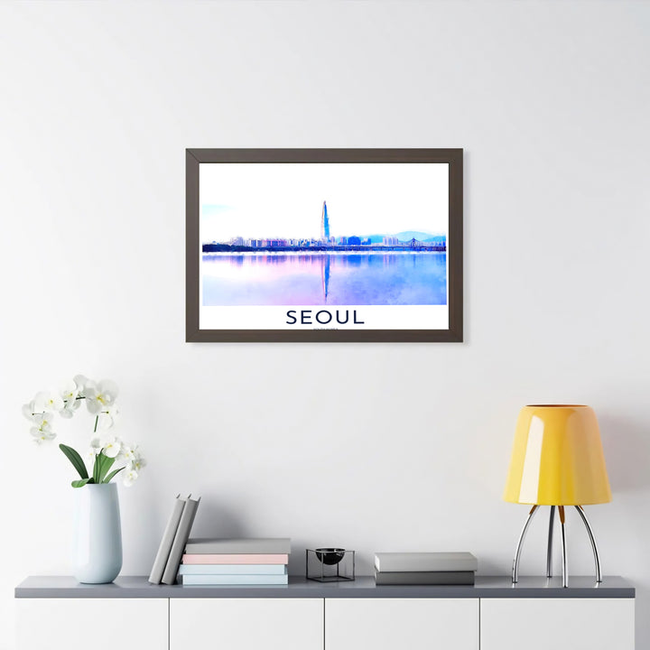 Ethereal blue and lavender reflection art print featuring the modern Seoul South Korea skyline along the water, offered by MapYourDreams with versatile choices such as unframed archival paper, sleek picture frames, and stretched canvas options designed to complement contemporary home decor.