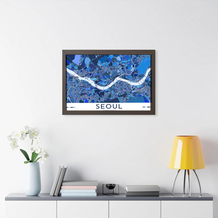 Modern geometric city map wall art highlighting the flowing white Han River across Seoul, South Korea, supplied by MapYourDreams in adaptable styles including unframed paper, custom black frames, and fine gallery canvas prints ideal for living room wall art setups.