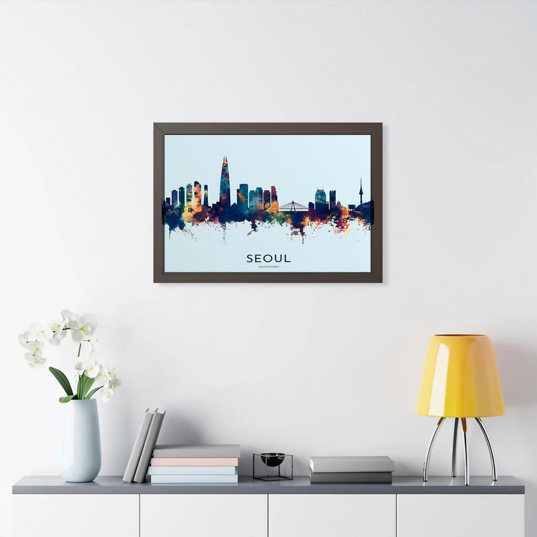 Panoramic watercolor travel wall art showcasing the iconic spire of N Seoul Tower and Lotte World Tower against an ice blue background, created by MapYourDreams across options like archival unframed prints, solid frames, and canvas wraps that bring artistic charm to any gallery wall.