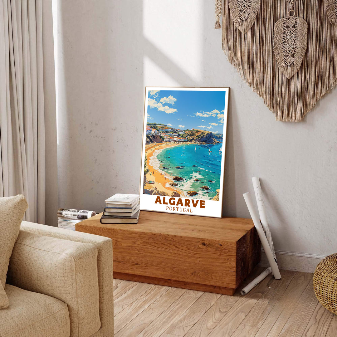 Swimmers enjoy calm turquoise sea waters at Lagos, Algarve, Portugal in this coastal wall poster. MapYourDreams delivers museum-grade framed, unframed, and canvas print options with fast shipping for homes.