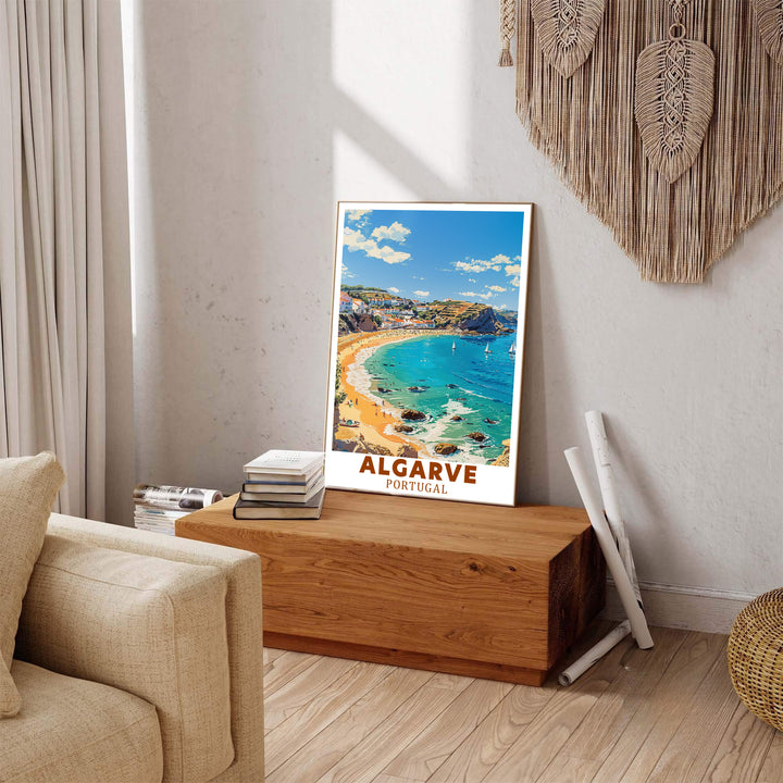 Swimmers enjoy calm turquoise sea waters at Lagos, Algarve, Portugal in this coastal wall poster. MapYourDreams delivers museum-grade framed, unframed, and canvas print options with fast shipping for homes.