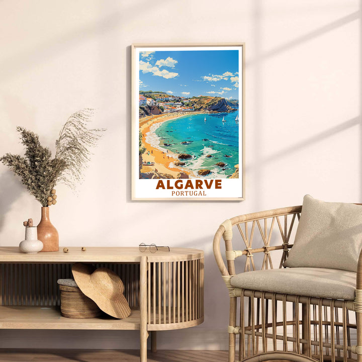 A picturesque crescent bay and hillside cliffs at Lagos Coastal Town, Algarve, Portugal define this travel print. Order beautiful framed, unframed, and canvas poster options at MapYourDreams to decorate walls.