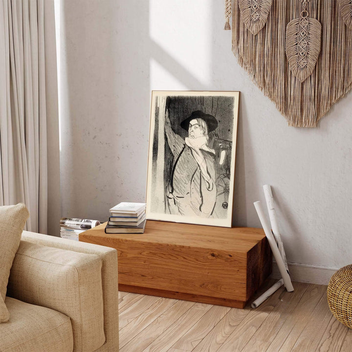 Bohemian French cabaret lithograph art print of Henri de Toulouse-Lautrec Aristide Bruant 1893 featuring charcoal shading from Montmartre Paris France. MapYourDreams provides premium framed, unframed, and canvas prints.