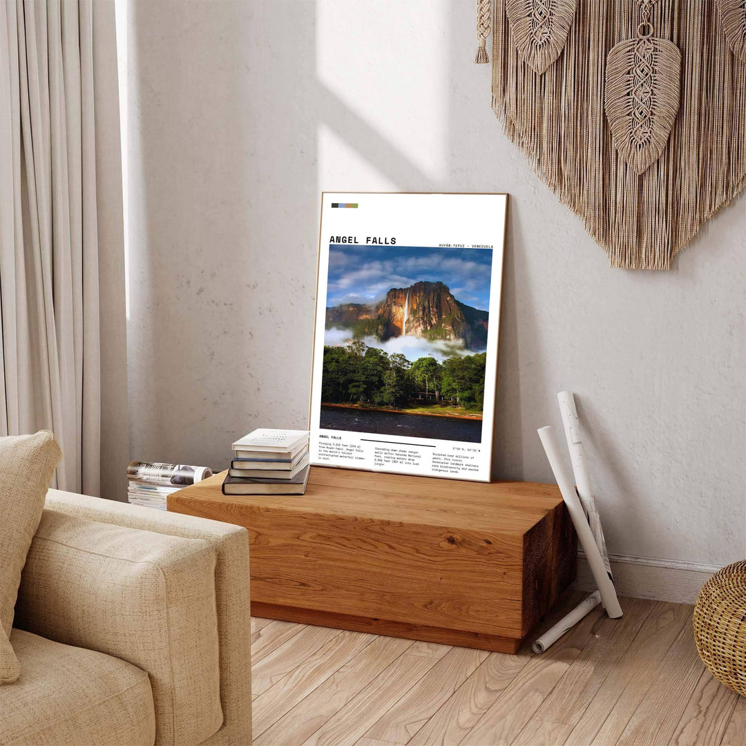 Beautiful South American landmark wall decor displaying Auyán-tepui, white waterfall spray, and dense rainforest trees. Available through MapYourDreams, this print accommodates various display preferences, including unframed art paper, framed prints, or canvas wraps.
