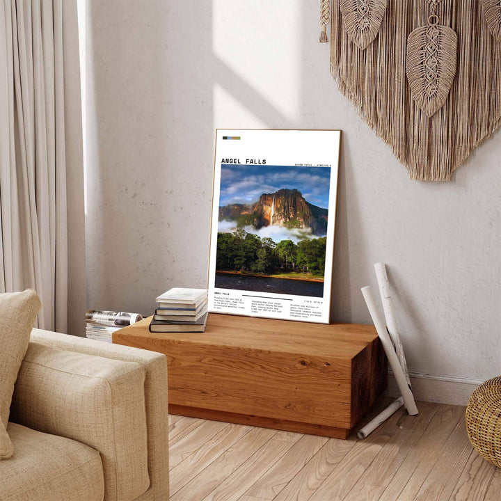 Beautiful South American landmark wall decor displaying Auyán-tepui, white waterfall spray, and dense rainforest trees. Available through MapYourDreams, this print accommodates various display preferences, including unframed art paper, framed prints, or canvas wraps.