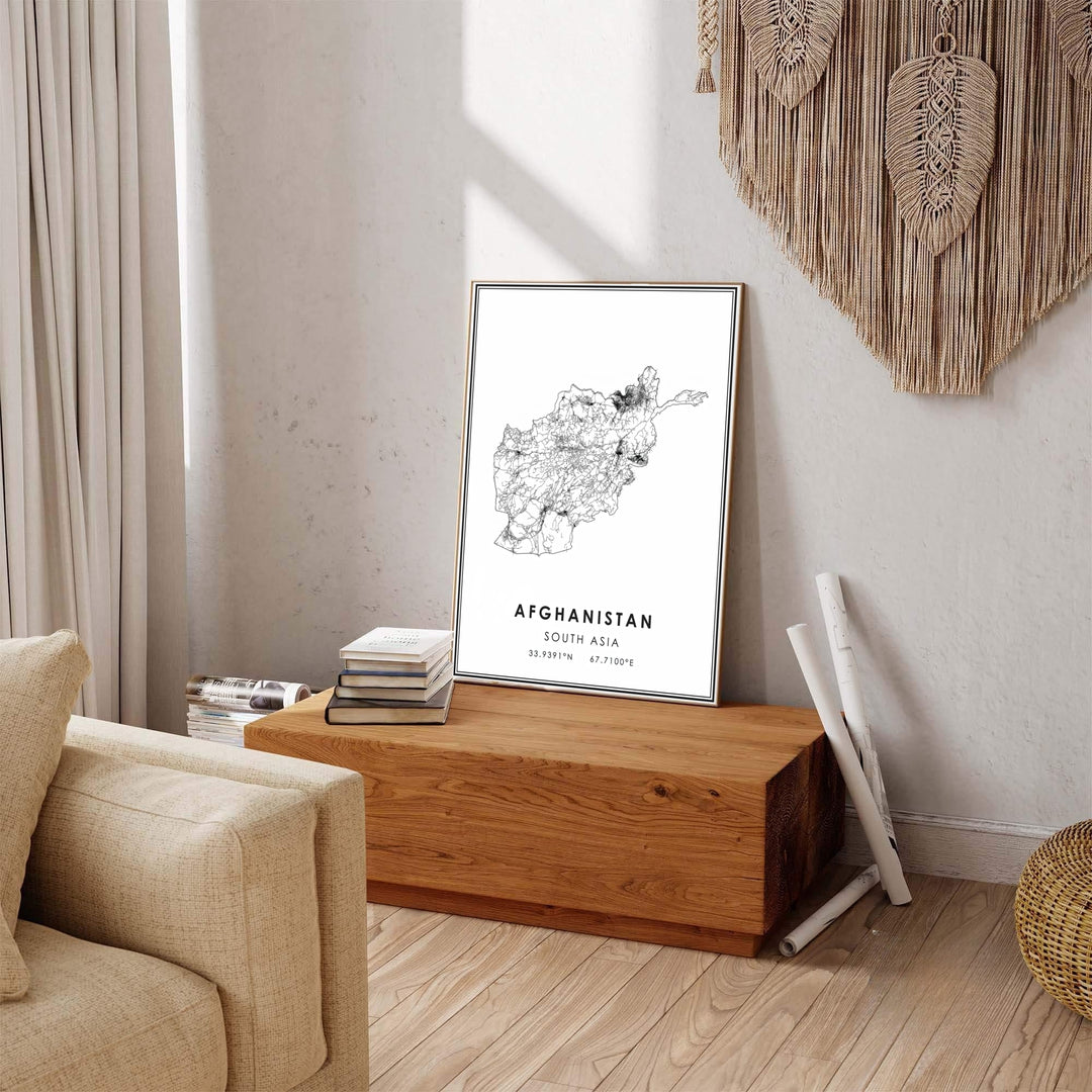 Contemporary line art map of Afghanistan featuring transport infrastructure cartography and clean border detail, available from MapYourDreams as an unframed art print, stretched canvas wall art, or custom framed poster for modern bedroom and office wall displays.