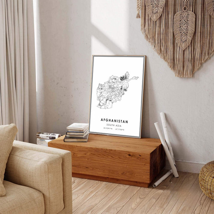 Contemporary line art map of Afghanistan featuring transport infrastructure cartography and clean border detail, available from MapYourDreams as an unframed art print, stretched canvas wall art, or custom framed poster for modern bedroom and office wall displays.