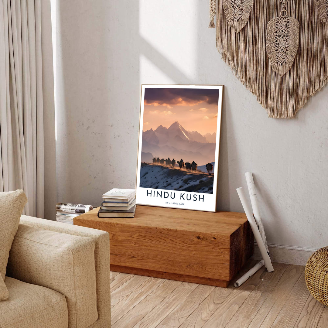 Traditional nomadic migration poster of Afghanistan showcasing the Hindu Kush alpine range in warm evening light, crafted by MapYourDreams as an unframed poster, gallery wrapped canvas print, or custom framed print in retro black and retro white frames for hallway decor.