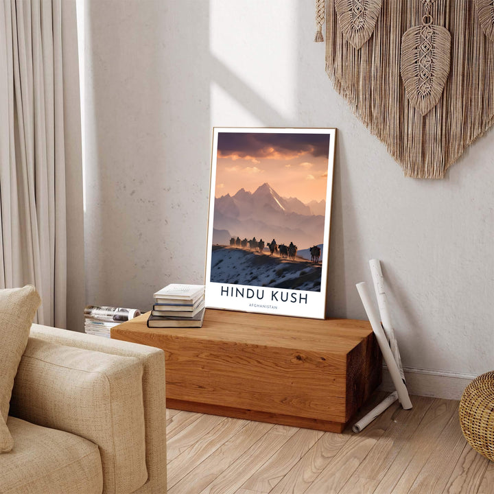 Traditional nomadic migration poster of Afghanistan showcasing the Hindu Kush alpine range in warm evening light, crafted by MapYourDreams as an unframed poster, gallery wrapped canvas print, or custom framed print in retro black and retro white frames for hallway decor.