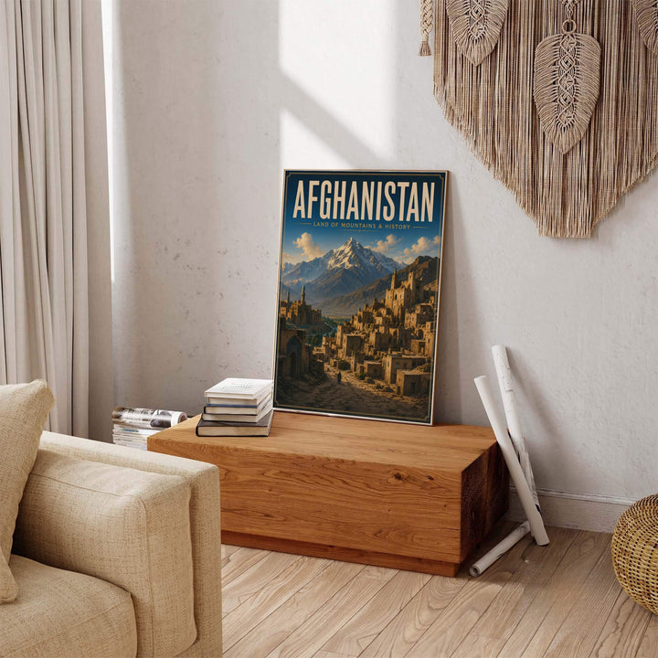 Traditional vintage travel print of Afghanistan highlighting historic architectural towers and mountain landscapes, crafted by MapYourDreams as an unframed poster, gallery wrapped canvas print, or custom framed print in retro black and retro white frames for hallway display.