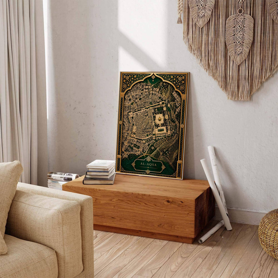 Historical travel map print of Jerusalem Old City showing Al Aqsa Compound in fine cartographic detail. Built by MapYourDreams, this artwork is available in flexible options including unframed paper, custom wooden frames, and gallery canvas wraps for living space wall art.