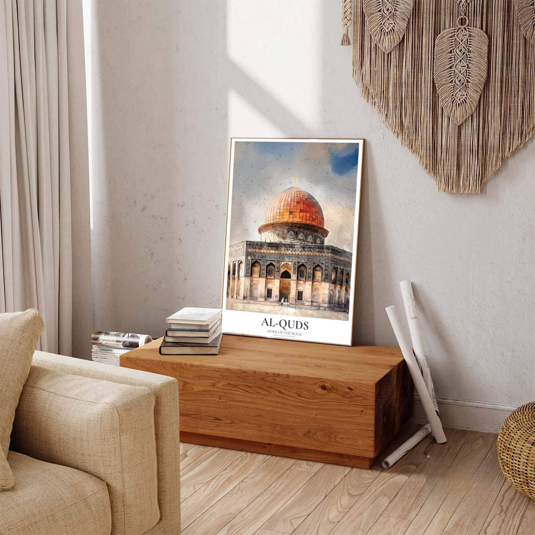 Fine art watercolor poster of Al Aqsa Dome of the Rock sanctuary in Jerusalem featuring metallic bronze and copper dome tones. Released by MapYourDreams, this artwork is available in flexible options including unframed paper, custom wooden frames, and gallery canvas wraps for premium wall decor.
