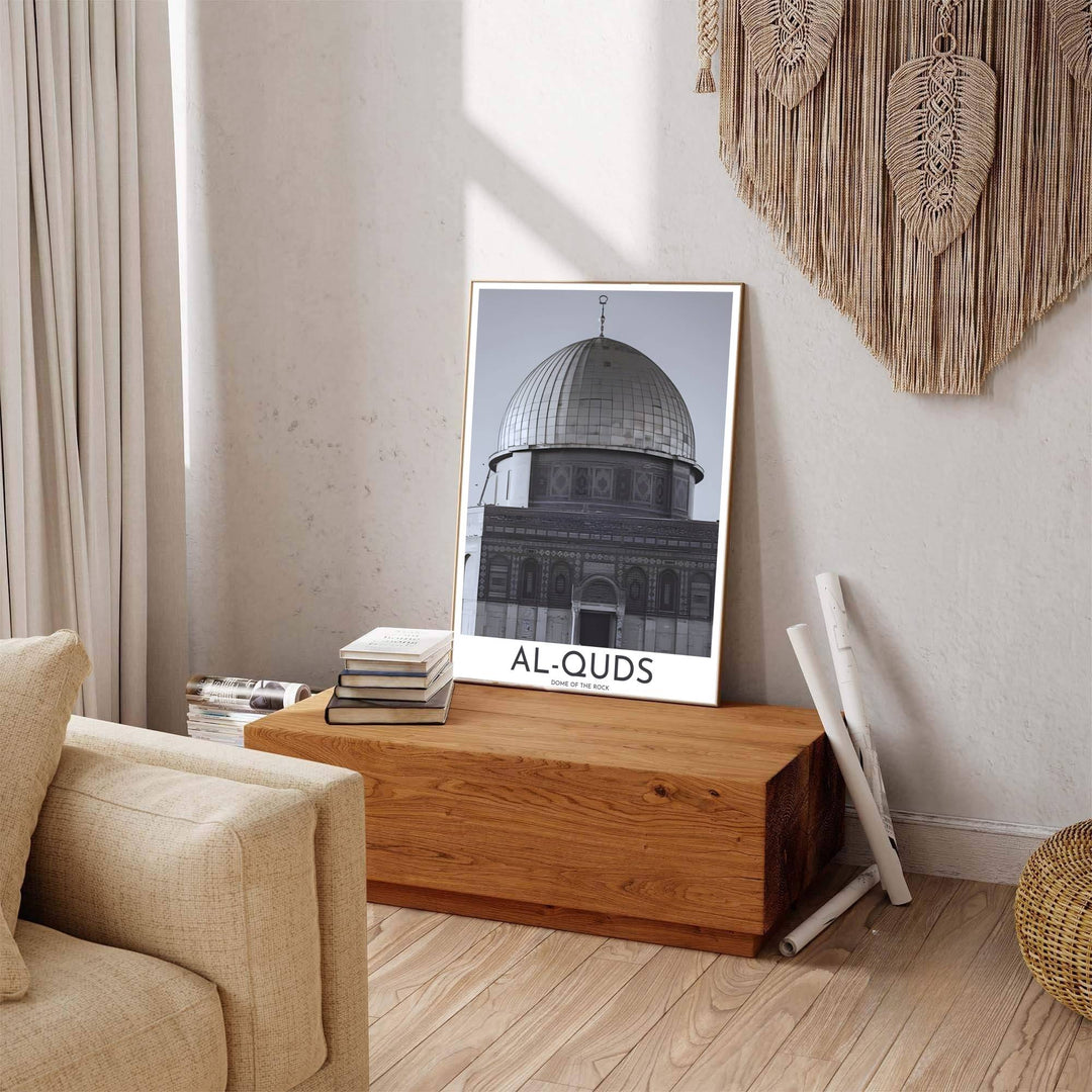 Minimalist Al Quds Jerusalem poster displaying Dome of the Rock architecture in timeless black and white Grayscale tones. Offered by MapYourDreams, this artwork is available in flexible options including unframed paper, custom wooden frames, and gallery canvas wraps to enhance any wall space.