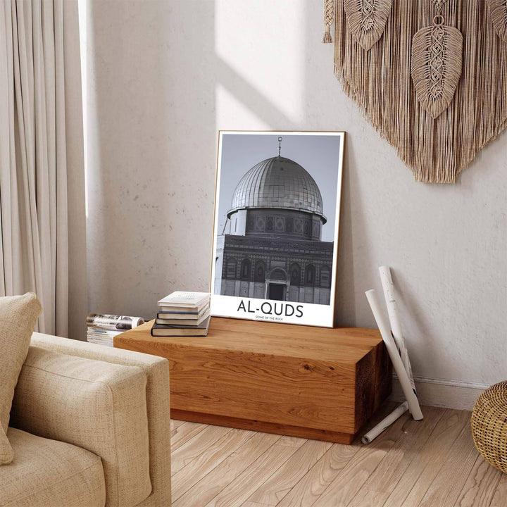 Minimalist Al Quds Jerusalem poster displaying Dome of the Rock architecture in timeless black and white Grayscale tones. Offered by MapYourDreams, this artwork is available in flexible options including unframed paper, custom wooden frames, and gallery canvas wraps to enhance any wall space.