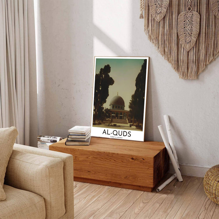 Nostalgic Al Quds Jerusalem poster displaying Dome of the Rock architecture with soft cypress tree framing. Offered by MapYourDreams, this artwork is available in flexible options including unframed paper, custom wooden frames, and gallery canvas wraps to enhance any wall space.