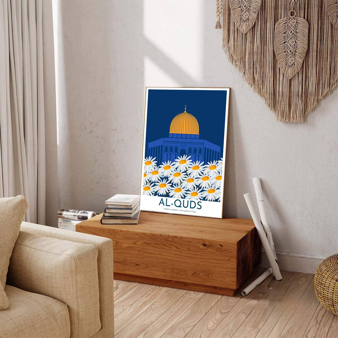Poetic Al Quds Jerusalem poster displaying Dome of the Rock architecture with Flower of Cities subtitle. Offered by MapYourDreams, this artwork is available in flexible options including unframed paper, custom wooden frames, and gallery canvas wraps to enhance any wall space.
