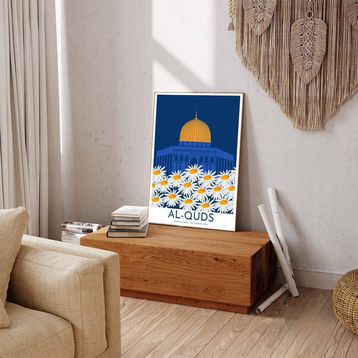 Poetic Al Quds Jerusalem poster displaying Dome of the Rock architecture with Flower of Cities subtitle. Offered by MapYourDreams, this artwork is available in flexible options including unframed paper, custom wooden frames, and gallery canvas wraps to enhance any wall space.