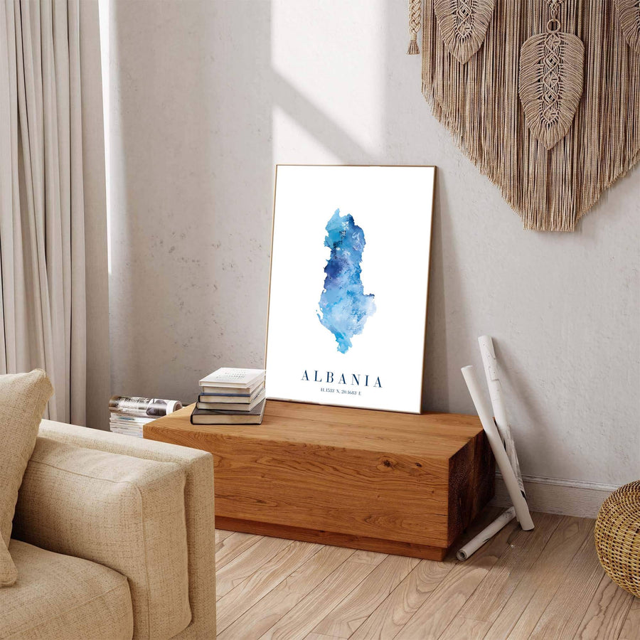 Geographic map poster of Albania highlighting its unique geographical borders in layered blue watercolor on a clean white archival paper substrate. Offered by MapYourDreams, this artwork is available in flexible options including unframed paper, custom wooden frames, and gallery canvas wraps for room decor.