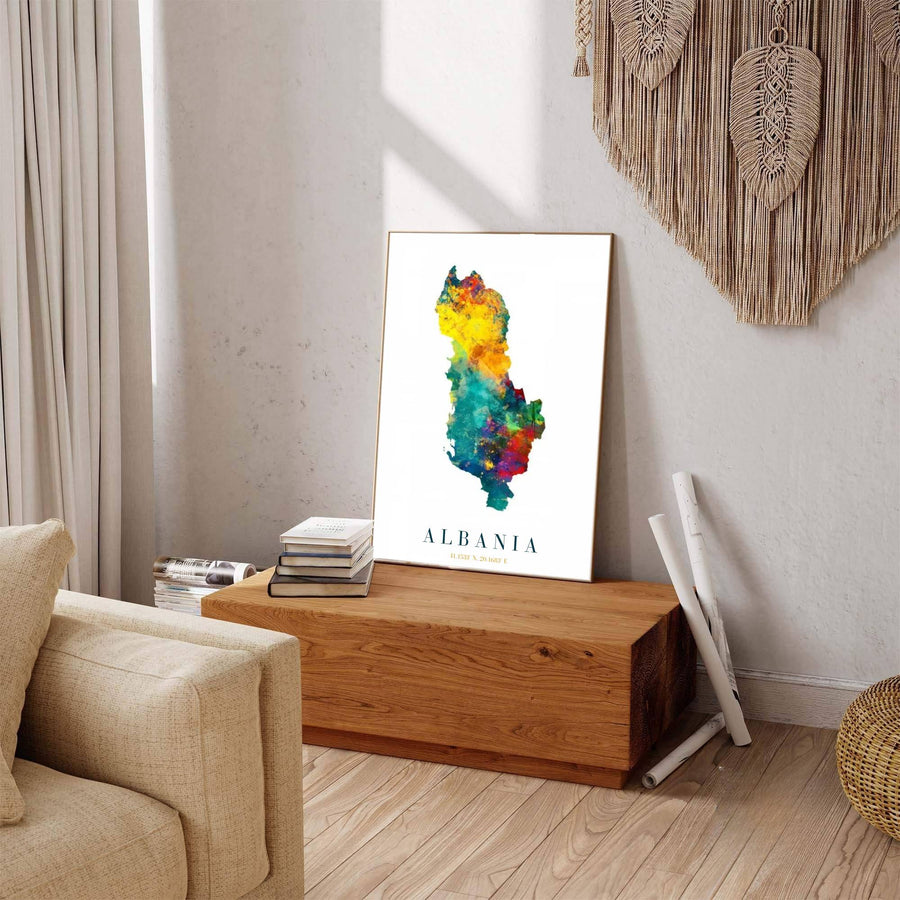 Mediterranean-inspired Albania map art print featuring colorful watercolor splashes, ideal for eclectic wall decorations and modern bedrooms. Offered by MapYourDreams, this artwork is available in flexible options including unframed paper, custom wooden frames, and gallery canvas wraps.