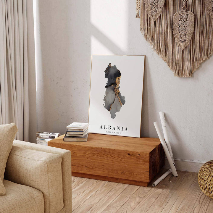 Vibrant black and metallic gold map print depicting Albania, perfect for fine art collectors, travel lovers, and elegant home decor displays. Offered by MapYourDreams, this artwork is available in flexible options including unframed paper, custom wooden frames, and gallery canvas wraps.