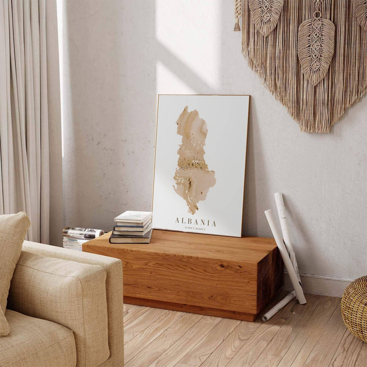 Subtle beige and metallic gold map print depicting Albania, perfect for fine art collectors, travel lovers, and organic home decor displays. Offered by MapYourDreams, this artwork is available in flexible options including unframed paper, custom wooden frames, and gallery canvas wraps.