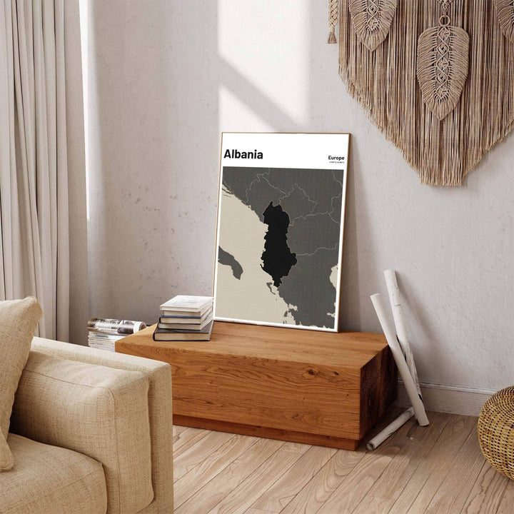 Regional Balkan-themed Albania map art print featuring textured cross-hatching, ideal for modern living room decor and dark academia wall displays. Offered by MapYourDreams, this artwork is available in flexible options including unframed paper, custom wooden frames, and gallery canvas wraps.
