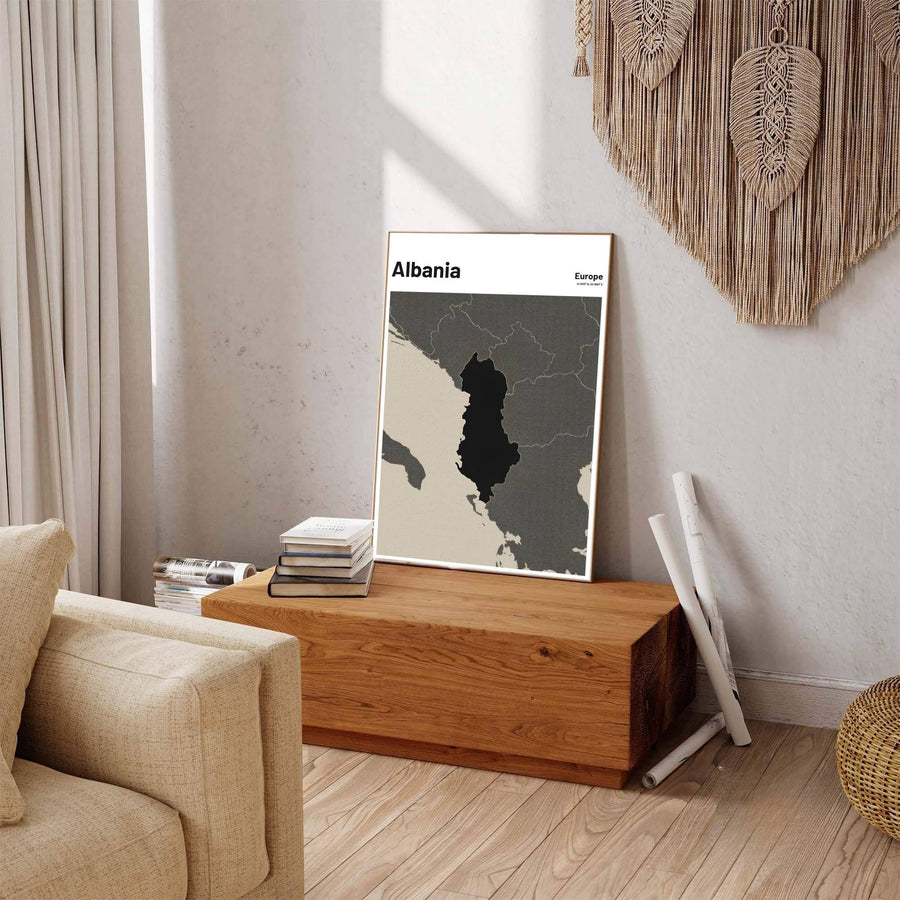 Regional Balkan-themed Albania map art print featuring textured cross-hatching, ideal for modern living room decor and dark academia wall displays. Offered by MapYourDreams, this artwork is available in flexible options including unframed paper, custom wooden frames, and gallery canvas wraps.
