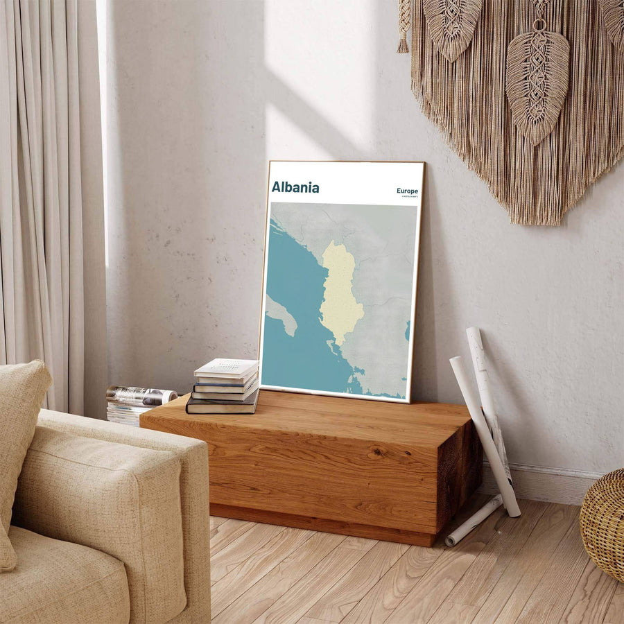 Regional Balkan-themed Albania map art print featuring textured cross-hatching and teal waters, ideal for modern living room decor and office displays. Offered by MapYourDreams, this artwork is available in flexible options including unframed paper, custom wooden frames, and gallery canvas wraps.