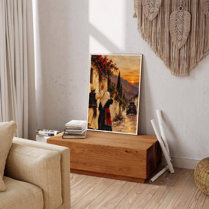 Mediterranean-inspired Albania cultural art print featuring traditional village farewell scene, ideal for cozy living room and dining space walls. Offered by MapYourDreams, this artwork is available in flexible options including unframed paper, custom wooden frames, and gallery canvas wraps.