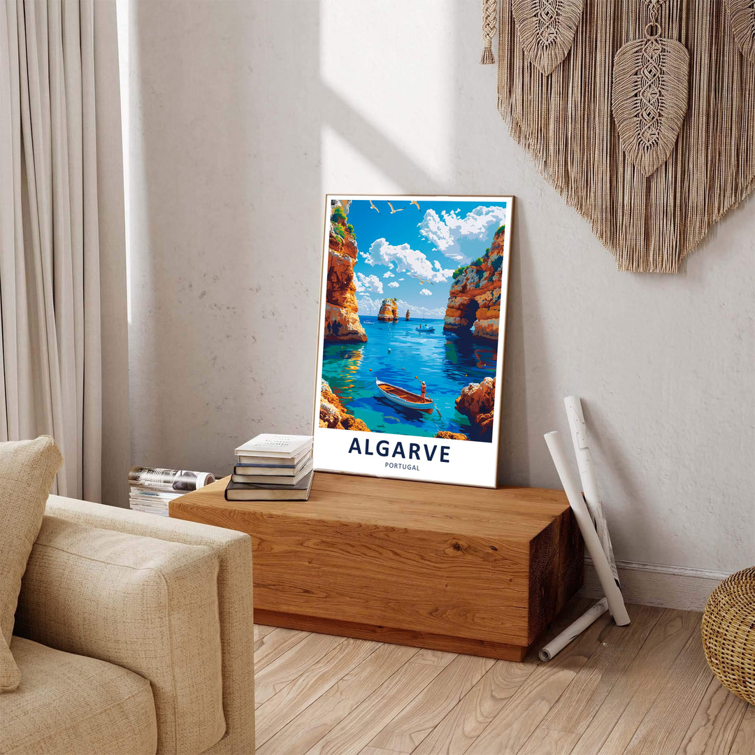 An expansive Southern Portugal coast perspective makes this Algarve poster an ideal focal point for bathroom or living room walls. Available as a gallery canvas print, framed art piece, or unframed paper poster print.