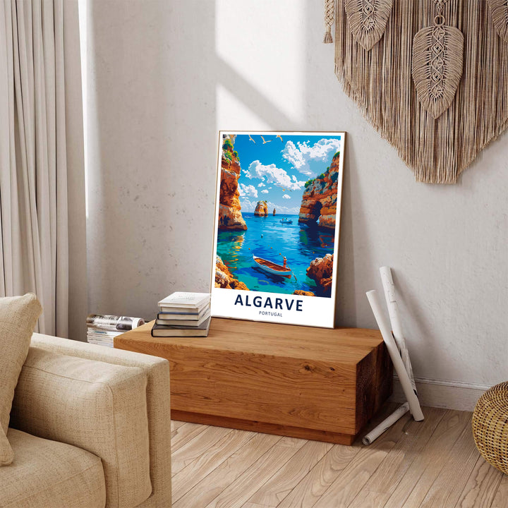 An expansive Southern Portugal coast perspective makes this Algarve poster an ideal focal point for bathroom or living room walls. Available as a gallery canvas print, framed art piece, or unframed paper poster print.