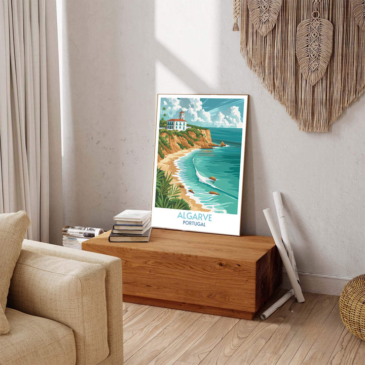 Mediterranean sunlit shores and dramatic coastal cliffs star in this Algarve poster, offered as an unframed art print, stretched gallery canvas, or grey framed display piece.