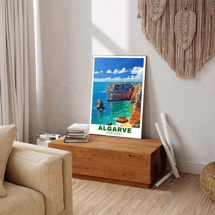 Terracotta rock arches and bright summer skies at Algarve Cliffs, Portugal decorate this wall art print piece. Buy long-lasting framed, unframed, and canvas poster options at MapYourDreams to expand your decor set.