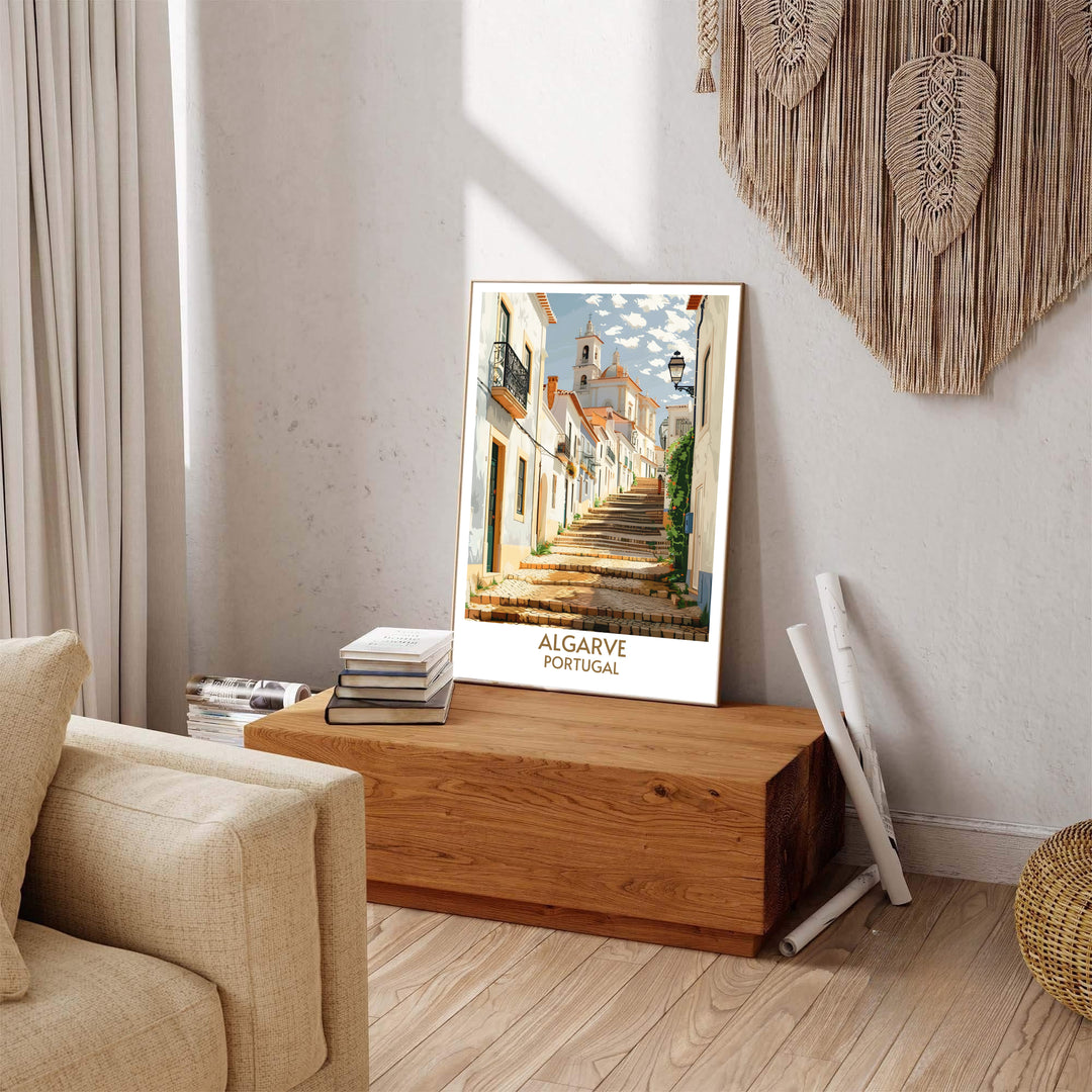 Illustrative vintage travel poster style with warm European town colors shines in this Faro Old Town, Portugal print. MapYourDreams presents professional framed, unframed, and canvas options available for home interior decor.