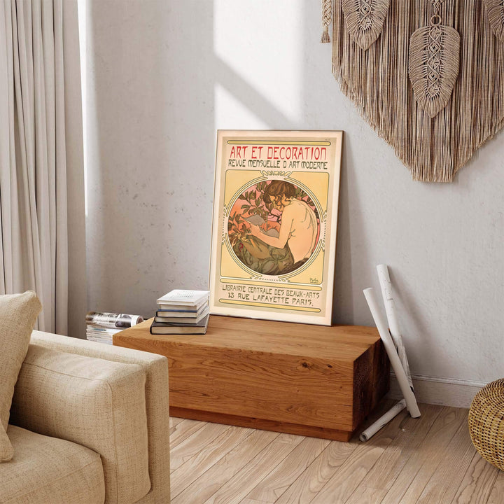 Traditional French magazine poster Art Et Decoration by artist Alphonse Mucha displaying detailed circular border work at 13 Rue Lafayette Paris. MapYourDreams provides premium framed, unframed, and canvas prints.