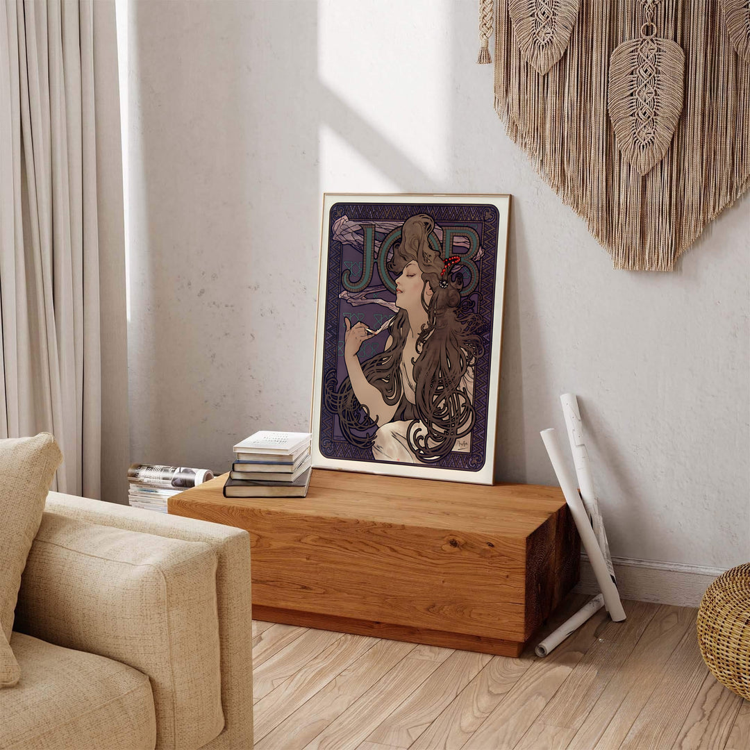 Traditional French vintage print JOB Cigarette Papers by artist Alphonse Mucha displaying organic hair swirls set in Paris France. MapYourDreams supplies framed, unframed, and canvas poster options for wall decor.
