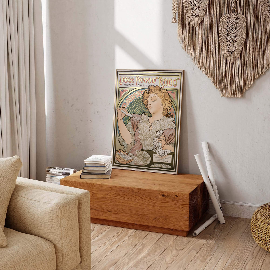 Traditional French illustration print Lance Parfum Rodo by artist Alphonse Mucha displaying detailed floral mosaic patterns set in Paris France. MapYourDreams provides premium framed, unframed, and canvas prints.