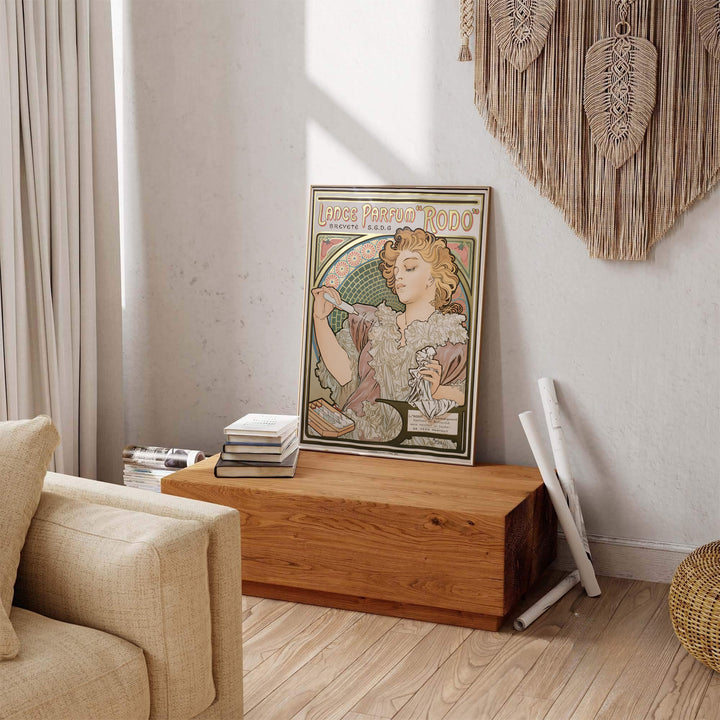 Traditional French illustration print Lance Parfum Rodo by artist Alphonse Mucha displaying detailed floral mosaic patterns set in Paris France. MapYourDreams provides premium framed, unframed, and canvas prints.